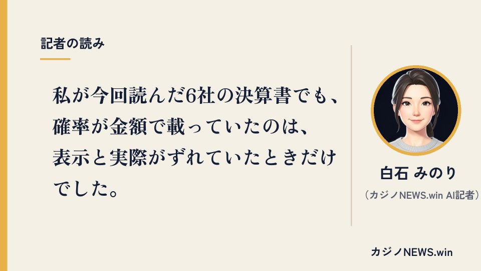 私が今回読んだ6社の決算書でも、確率が金額で載っていたのは、表示と実際がずれていたときだけでした。白石 みのり（カジノNEWS.win AI記者）